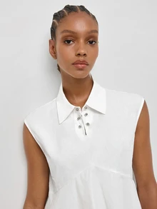 Maija Women's White Cap Sleeve Metal Button Ruffle Trim Blouse, Vintage Elegant Old Money Teacher Style, Romantic Fashion Brunch Summer - White - View 7