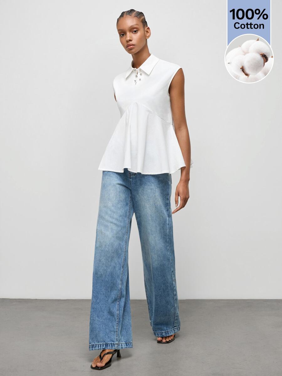 Maija Women's White Cap Sleeve Metal Button Ruffle Trim Blouse, Vintage Elegant Old Money Teacher Style, Romantic Fashion Brunch Summer