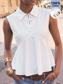 Maija Women's White Cap Sleeve Metal Button Ruffle Trim Blouse, Vintage Elegant Old Money Teacher Style, Romantic Fashion Brunch Summer - White - View 3