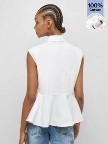 Maija Women's White Cap Sleeve Metal Button Ruffle Trim Blouse, Vintage Elegant Old Money Teacher Style, Romantic Fashion Brunch Summer - White - View 6