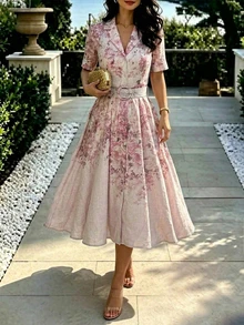 Vavine Gaun Midi Musim Panas dengan Kerah, Motif Soft Focus, Lengan Pendek, dan Hiasan Logam yang Mengencangkan Pinggang, Warna Pink. - MultiWarna - View 3