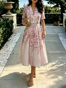 Vavine Gaun Midi Musim Panas dengan Kerah, Motif Soft Focus, Lengan Pendek, dan Hiasan Logam yang Mengencangkan Pinggang, Warna Pink. - MultiWarna - View 8