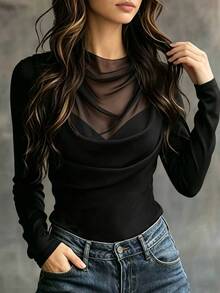 SHEIN Women's French Style Sheer Mesh 2 In 1 Cowl Neck Long Sleeve Top, Premium Drape Pleated Slim Fit Bodycon Undershirt - Black - View 5