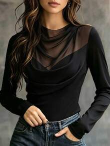 SHEIN Women's French Style Sheer Mesh 2 In 1 Cowl Neck Long Sleeve Top, Premium Drape Pleated Slim Fit Bodycon Undershirt - Black - View 4
