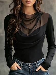 SHEIN Women's French Style Sheer Mesh 2 In 1 Cowl Neck Long Sleeve Top, Premium Drape Pleated Slim Fit Bodycon Undershirt - Black - View 7