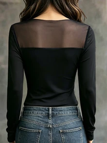 SHEIN Women's French Style Sheer Mesh 2 In 1 Cowl Neck Long Sleeve Top, Premium Drape Pleated Slim Fit Bodycon Undershirt - Black - View 3