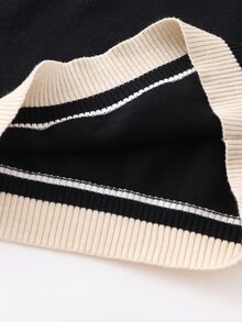 SHEIN Orluneo Contrast Color Striped Round Neck Short Sleeve Top, Casual & Comfortable Knit Fabric, Spring/Summer - Black - View 9