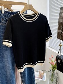 SHEIN Orluneo Contrast Color Striped Round Neck Short Sleeve Top, Casual & Comfortable Knit Fabric, Spring/Summer - Black - View 2