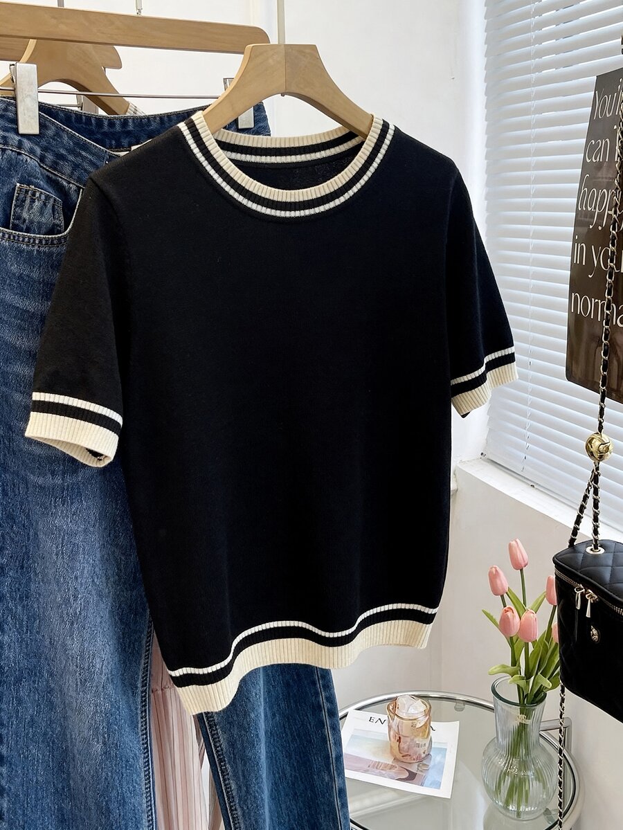 SHEIN Orluneo Contrast Color Striped Round Neck Short Sleeve Top, Casual & Comfortable Knit Fabric, Spring/Summer