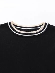 SHEIN Orluneo Contrast Color Striped Round Neck Short Sleeve Top, Casual & Comfortable Knit Fabric, Spring/Summer - Black - View 7
