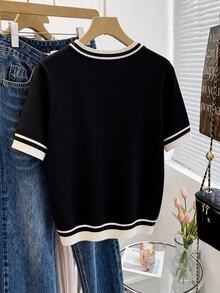 SHEIN Orluneo Contrast Color Striped Round Neck Short Sleeve Top, Casual & Comfortable Knit Fabric, Spring/Summer - Black - View 3
