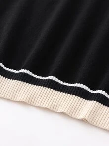 SHEIN Orluneo Contrast Color Striped Round Neck Short Sleeve Top, Casual & Comfortable Knit Fabric, Spring/Summer - Black - View 8