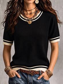 SHEIN Orluneo Contrast Color Striped Round Neck Short Sleeve Top, Casual & Comfortable Knit Fabric, Spring/Summer - Black - View 10