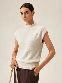 SHEIN Apricot Color French Cozy High Neck Sleeveless Sweater Vest And Shirt Combo, Suitable For Party Occasions, Autumn/Winter - Apricot - View 4