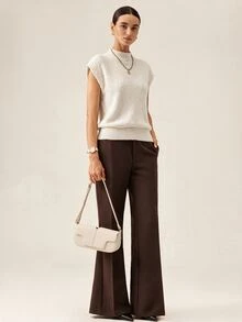 SHEIN Apricot Color French Cozy High Neck Sleeveless Sweater Vest And Shirt Combo, Suitable For Party Occasions, Autumn/Winter - Apricot - View 3
