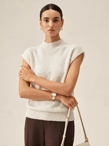 SHEIN Apricot Color French Cozy High Neck Sleeveless Sweater Vest And Shirt Combo, Suitable For Party Occasions, Autumn/Winter - Apricot - View 6