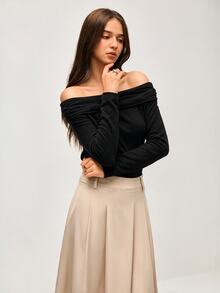 SHEIN Franclia 女士优雅露肩长袖上衣和 A 字裙套装 - 彩色 - 查看 4