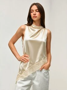 Orluneo Orluneo 女士香槟金吊带背心，适合婚礼穿着，不对称下摆蕾丝拼接露背上衣 - 香檳色 - 查看 6