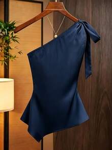 Franclia Navy Blue,Summer,Elegant,Dinner Date Satin Asymmetric Shoulder Bow Decor Blouse,Ruched Fitted One Shoulder Tops For Women,Commute Fashionable Shirt - Navy Blue - View 2