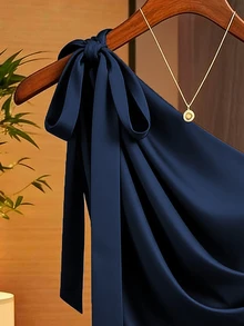 Franclia Navy Blue,Summer,Elegant,Dinner Date Satin Asymmetric Shoulder Bow Decor Blouse,Ruched Fitted One Shoulder Tops For Women,Commute Fashionable Shirt - Navy Blue - View 4
