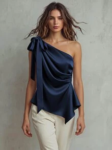 Franclia Navy Blue,Summer,Elegant,Dinner Date Satin Asymmetric Shoulder Bow Decor Blouse,Ruched Fitted One Shoulder Tops For Women,Commute Fashionable Shirt - Navy Blue - View 3