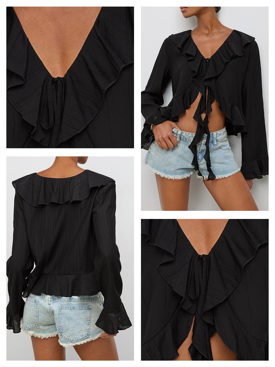 SHEIN Maija Women's Solid Color Patchwork Ruffle Front Tie Long Sleeve Blouse Night Out Going Out Black Autumn Elegant