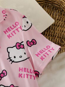 HELLO KITTY AND FRIENDS | SHEIN Co-Branded IP Style, Girls' Flame-Retardant All-Over Print Knit Fabric Open Front Lapel Short Sleeve & Long Pants 2-Piece Loungewear Set - Pink - View 6