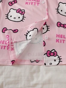 HELLO KITTY AND FRIENDS | SHEIN Co-Branded IP Style, Girls' Flame-Retardant All-Over Print Knit Fabric Open Front Lapel Short Sleeve & Long Pants 2-Piece Loungewear Set - Pink - View 4