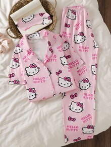 HELLO KITTY AND FRIENDS | SHEIN Co-Branded IP Style, Girls' Flame-Retardant All-Over Print Knit Fabric Open Front Lapel Short Sleeve & Long Pants 2-Piece Loungewear Set - Pink - View 7