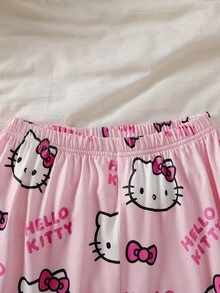 HELLO KITTY AND FRIENDS | SHEIN Co-Branded IP Style, Girls' Flame-Retardant All-Over Print Knit Fabric Open Front Lapel Short Sleeve & Long Pants 2-Piece Loungewear Set - Pink - View 5