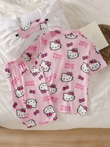 HELLO KITTY AND FRIENDS | SHEIN Co-Branded IP Style, Girls' Flame-Retardant All-Over Print Knit Fabric Open Front Lapel Short Sleeve & Long Pants 2-Piece Loungewear Set - Pink - View 2
