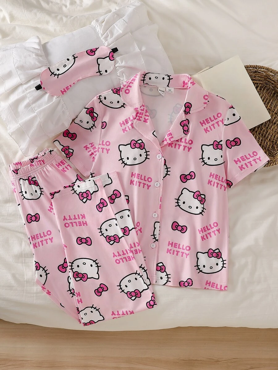 HELLO KITTY AND FRIENDS | SHEIN Co-Branded IP Style, Girls' Flame-Retardant All-Over Print Knit Fabric Open Front Lapel Short Sleeve & Long Pants 2-Piece Loungewear Set - Pink - View 1