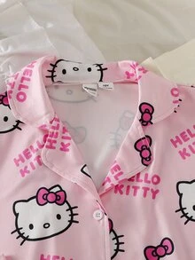 HELLO KITTY AND FRIENDS | SHEIN Co-Branded IP Style, Girls' Flame-Retardant All-Over Print Knit Fabric Open Front Lapel Short Sleeve & Long Pants 2-Piece Loungewear Set - Pink - View 8