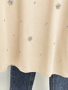 Franclia New Casual Rhinestone Embellished Loose T-Shirt For Women - Apricot - View 6