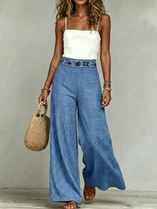 Franclia New Embroidered Cinched Waist Women's Long Pants, Spring/Summer - Blue - View 3