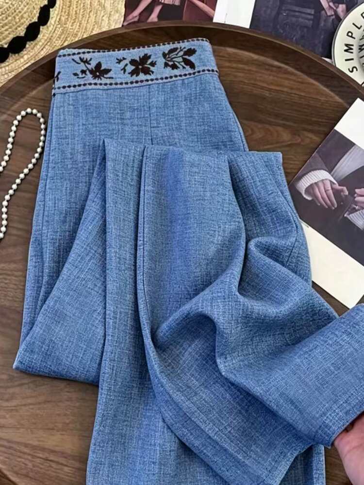 Franclia 新款刺繡收腰女款長褲，春/夏 - 藍色 - 查看 5