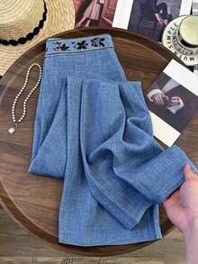 Franclia New Embroidered Cinched Waist Women's Long Pants, Spring/Summer - Blue - View 1