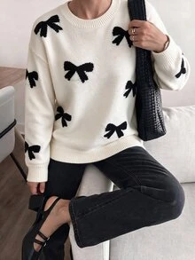 EMERY ROSE Women's Bow Pattern Sweater Pullover,Long Sleeve Tops, Knit Pullover Fall Winter - Apricot - View 5