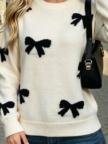 EMERY ROSE Women's Bow Pattern Sweater Pullover,Long Sleeve Tops, Knit Pullover Fall Winter - Apricot - View 6