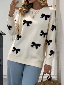EMERY ROSE Women's Bow Pattern Sweater Pullover,Long Sleeve Tops, Knit Pullover Fall Winter - Apricot - View 3