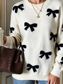 EMERY ROSE Women's Bow Pattern Sweater Pullover,Long Sleeve Tops, Knit Pullover Fall Winter - Apricot - View 4