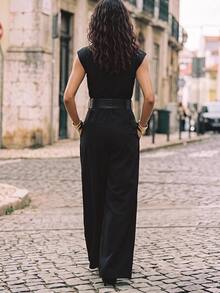 Maija Women's Solid Color V-Neck Vest And Long Pants Commuter Suit Set - Black - View 6