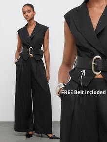 Maija Women's Solid Color V-Neck Vest And Long Pants Commuter Suit Set - Black - View 8