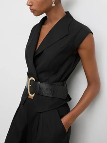 Maija Women's Solid Color V-Neck Vest And Long Pants Commuter Suit Set - Black - View 3