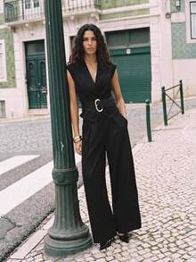 Maija Women's Solid Color V-Neck Vest And Long Pants Commuter Suit Set - Black - View 2
