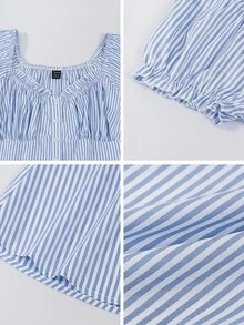 SHEIN Camisa casual de primavera/verano para mujeres en unicolor con gran escote en V y botones frontales - Azul - Ver 10