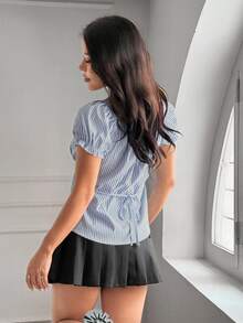 SHEIN Camisa casual de primavera/verano para mujeres en unicolor con gran escote en V y botones frontales - Azul - Ver 3