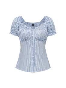 SHEIN Camisa casual de primavera/verano para mujeres en unicolor con gran escote en V y botones frontales - Azul - Ver 8