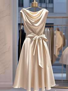 Franclia Women's Elegant Solid Color Waist Gathering Dress - Apricot - View 1