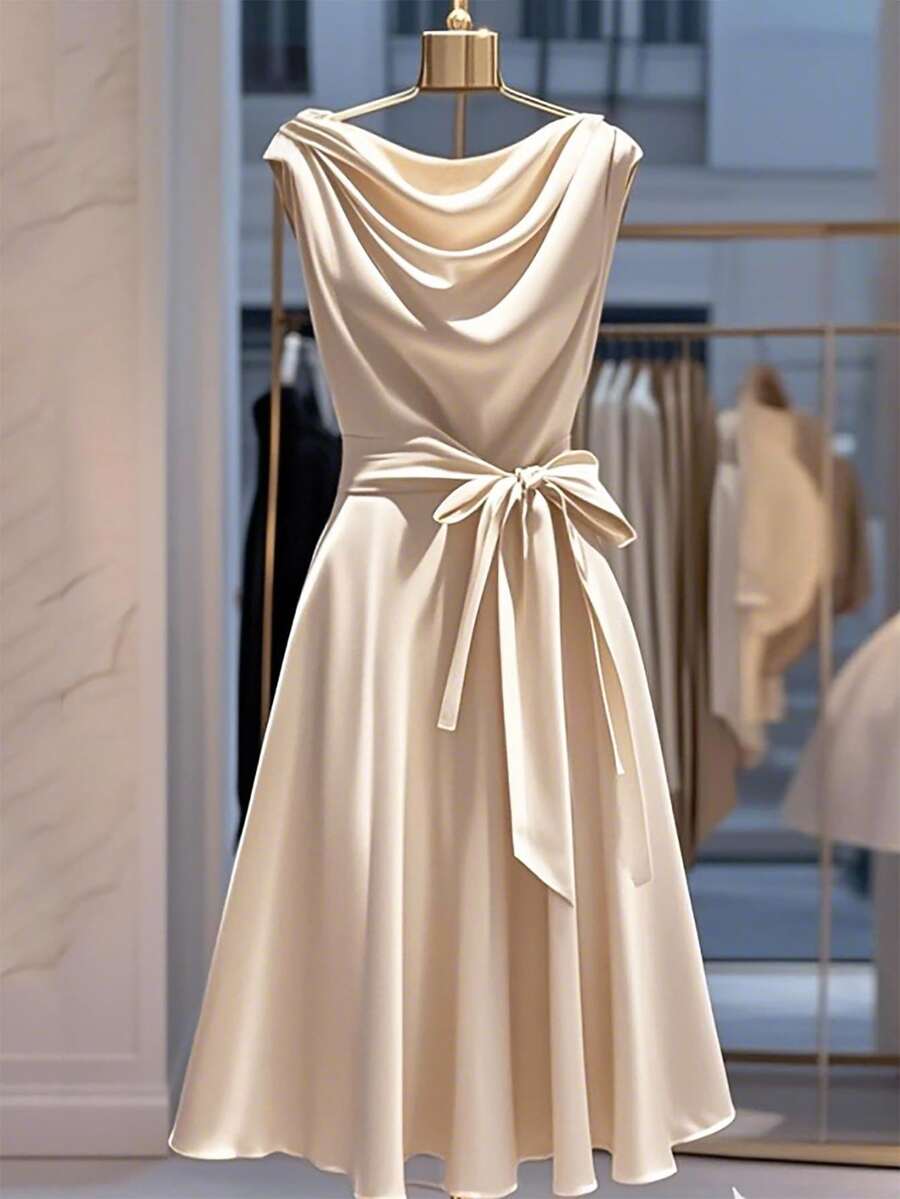 Franclia Women's Elegant Solid Color Waist Gathering Dress - Apricot - View 1